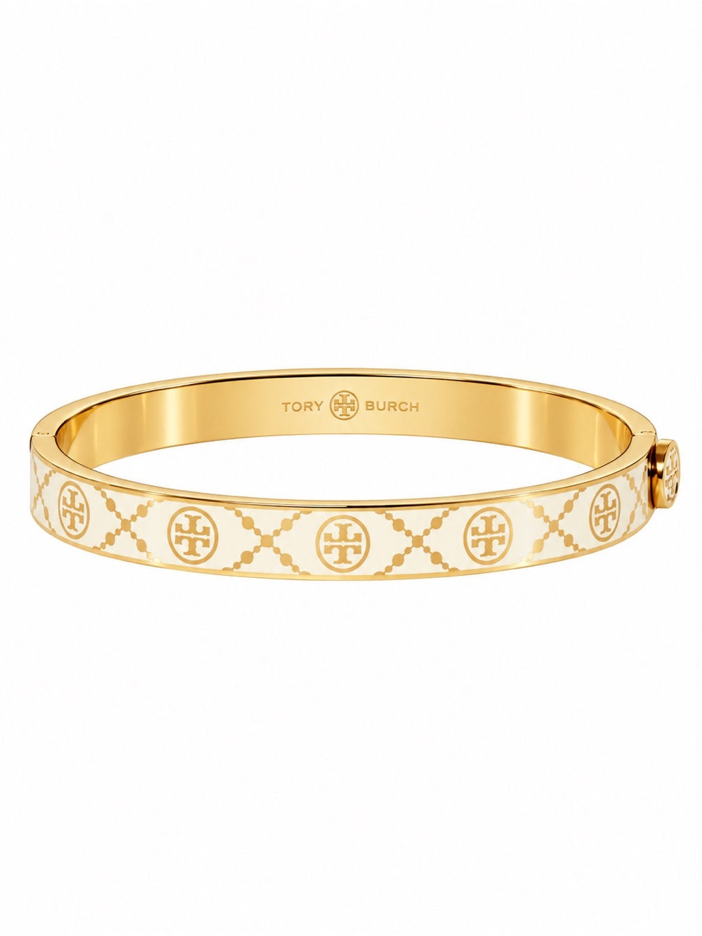 TORY BURCH • Ivory White Double T Monogram Hinge Bangle Bracelet Includes Pouch